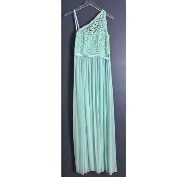 David's Bridal F17063 Mint Green One Shoulder Lace & Chiffon Maxi Dress NEW Sz 6 - Picture 2 of 13